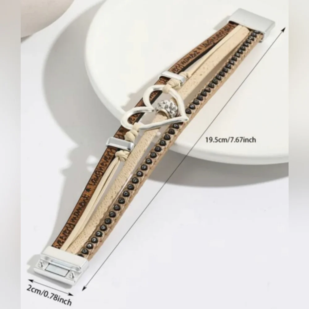 Brown And Tan Heart Charm‎ Leather Magnetic Gift Christmas Bracelet -(#0275)
